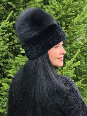 Black Real Rex Rabbit Fur Warm Winter Beanie with Real Fox Fur Voluminous Crown